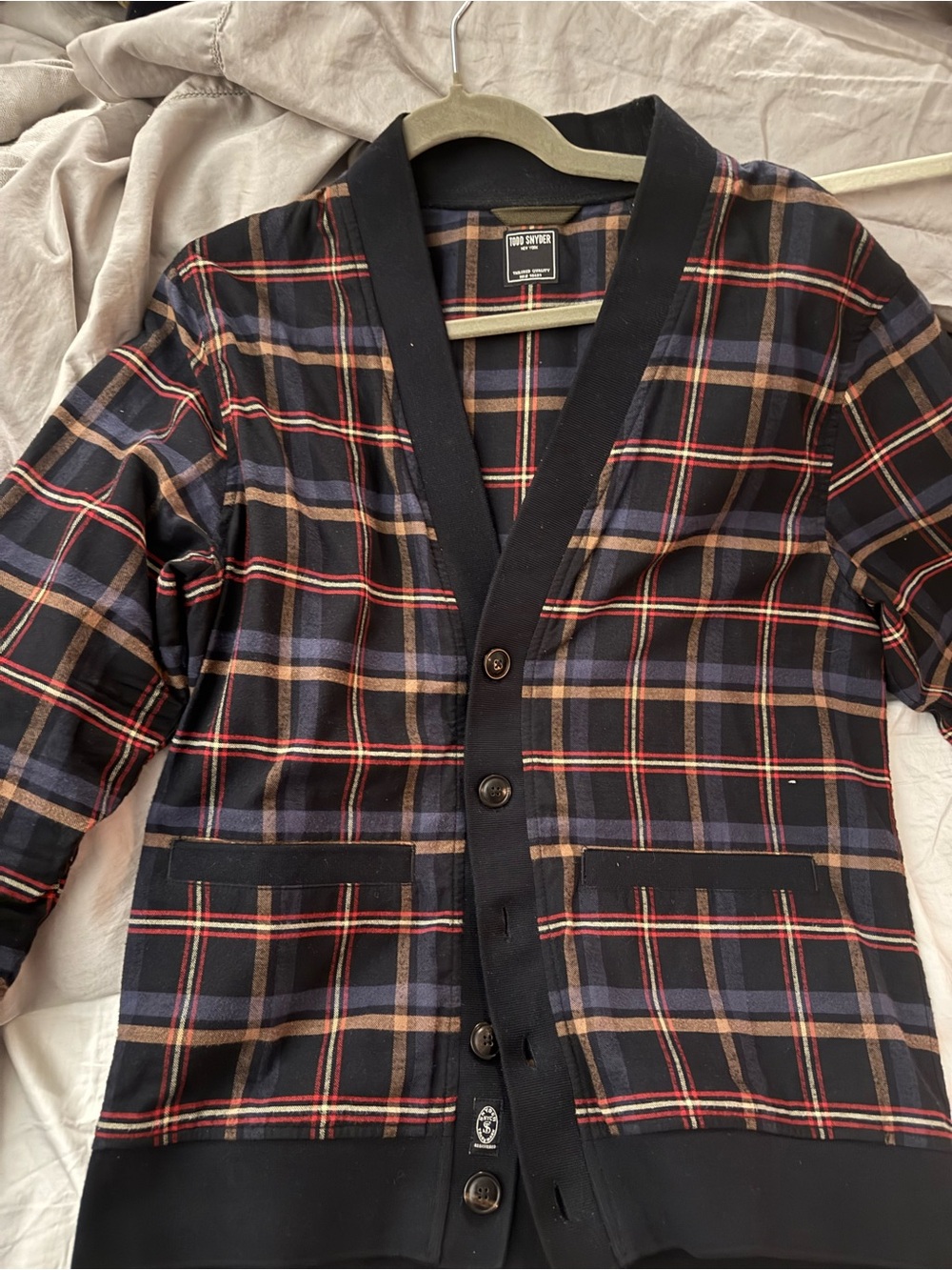 Todd Snyder Plaid Button-Up Cardigan Jacket - Black/Navy/Tan